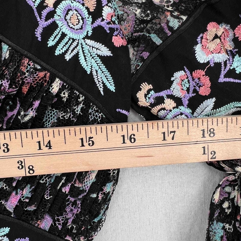 Free People Mini Dress Womens 2 Black Floral Lace Embroidered V-Neck Long Sleeve - Picture 14 of 16